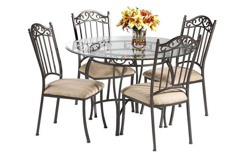 0710 Transitional Style Dining Set with Wrought Iron Glass Table & Chairs