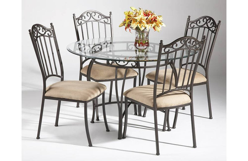 0710 Transitional Style Dining Set with Wrought Iron Glass Table & Chairs