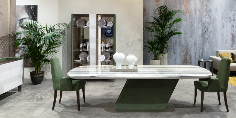 Giacomo Luxury Dining Room Set Marble top and green leather suede chairs