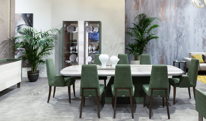 Giacomo Luxury Dining Room Set Marble top and green leather suede chairs