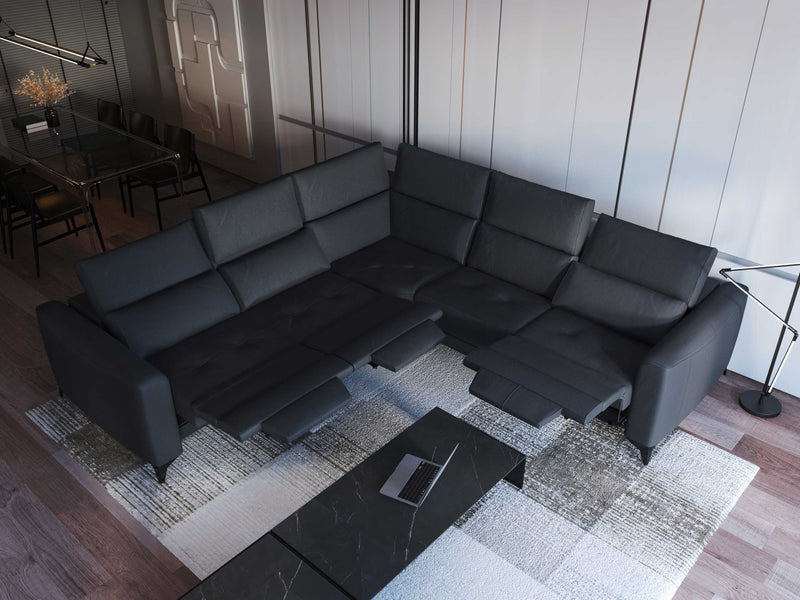 FERRARA DARK GREY LEATHER SECTIONAL WITH 3 POWER RECLINERS