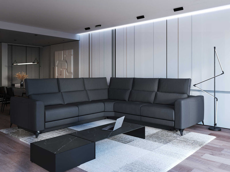 FERRARA DARK GREY LEATHER SECTIONAL WITH 3 POWER RECLINERS