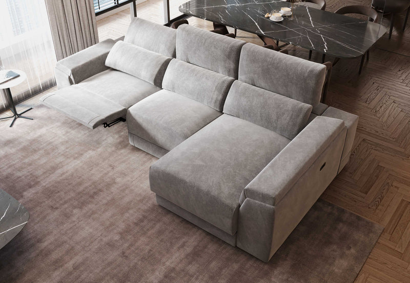 Lucia Light Grey Power Reclining Fabric Sectional Sofa with Storage Chaise