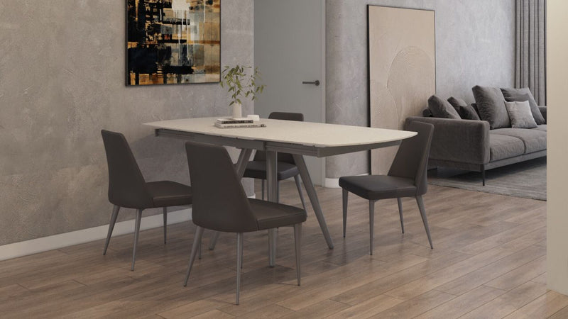 Lavello White Ceramic Dining Table with extensions AND  4  Vittoria Dark grey chairs