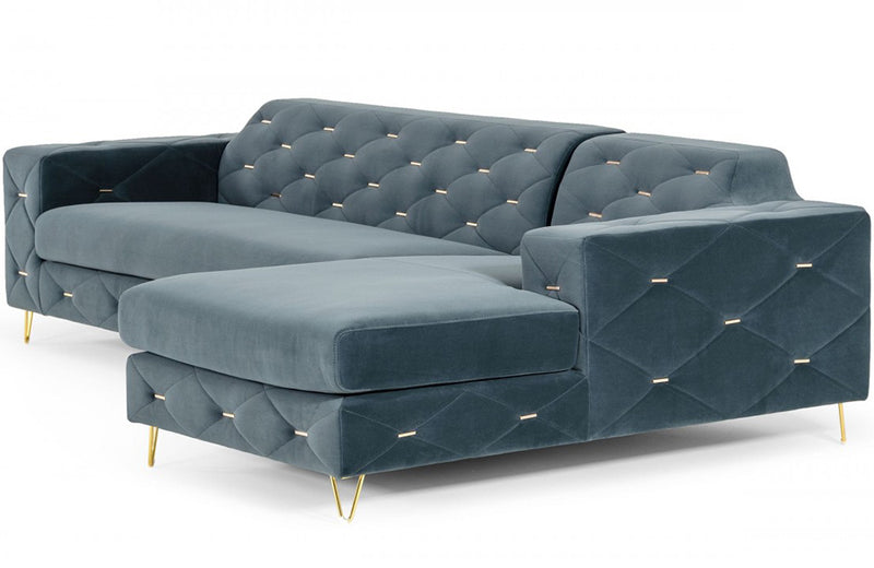 Divani Casa Chesterfield Blue Velvet Right Facing Sectional Sofa