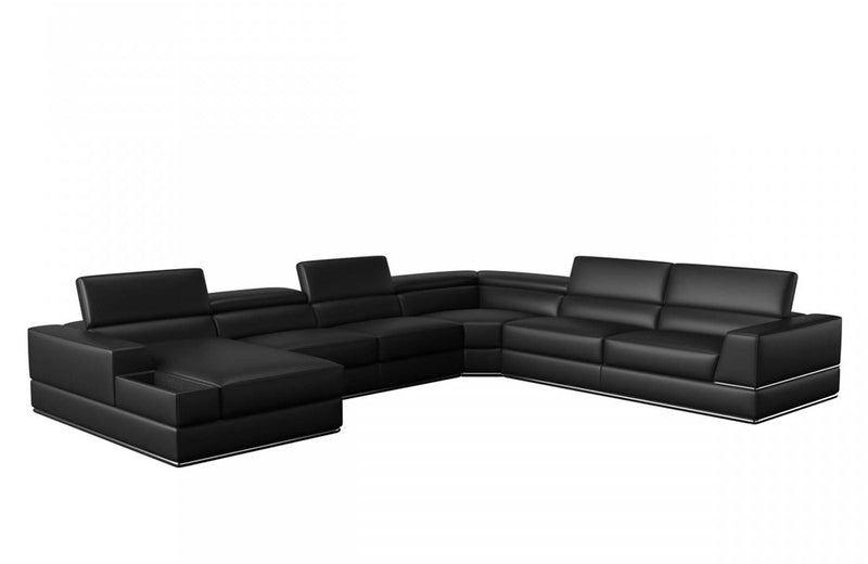 Divani Casa Pella Modern Black Italian Leather U Shaped LAF Chaise Sectional Sofa