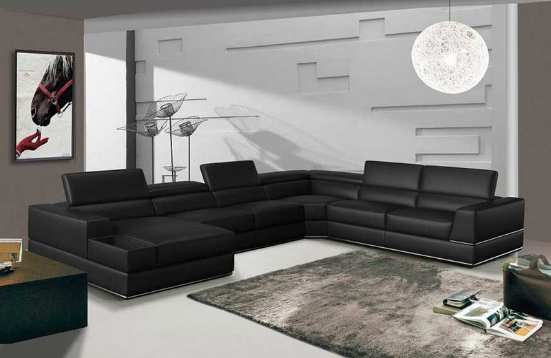 Divani Casa Pella Modern Black Italian Leather U Shaped LAF Chaise Sectional Sofa