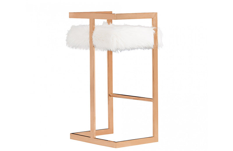 Modrest Halifax Modern White Faux Fur & Rosegold Bar Stool