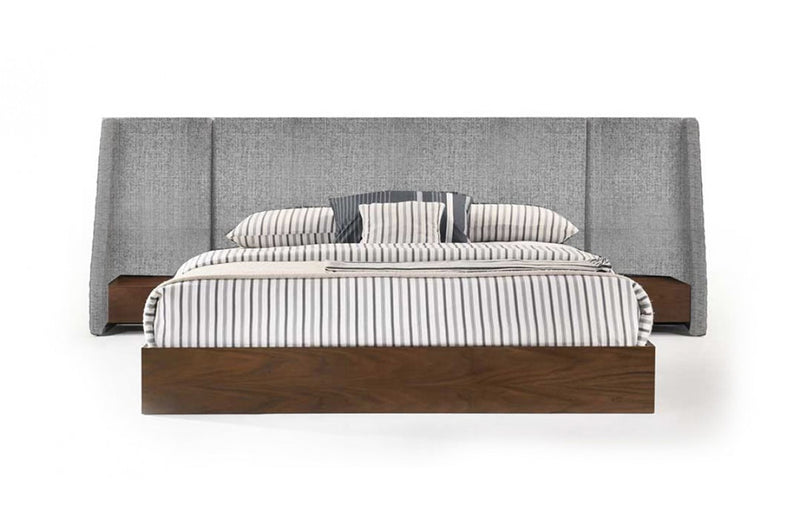 Nova Domus Janice Modern Grey Fabric and Walnut Bed and Nightstands