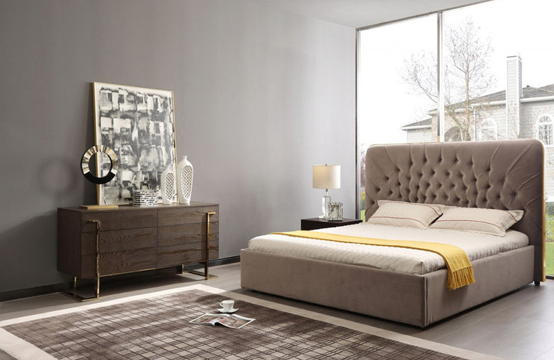 Modrest Moontide Glam Beige Velvet and Brushed Brass Bed