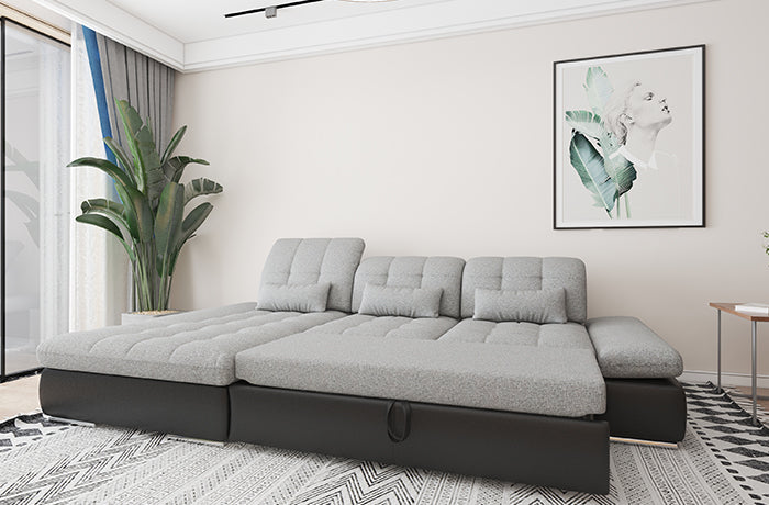 Alpine Two-Tone Fabric Sectional Sofa with bed and storage in Grey