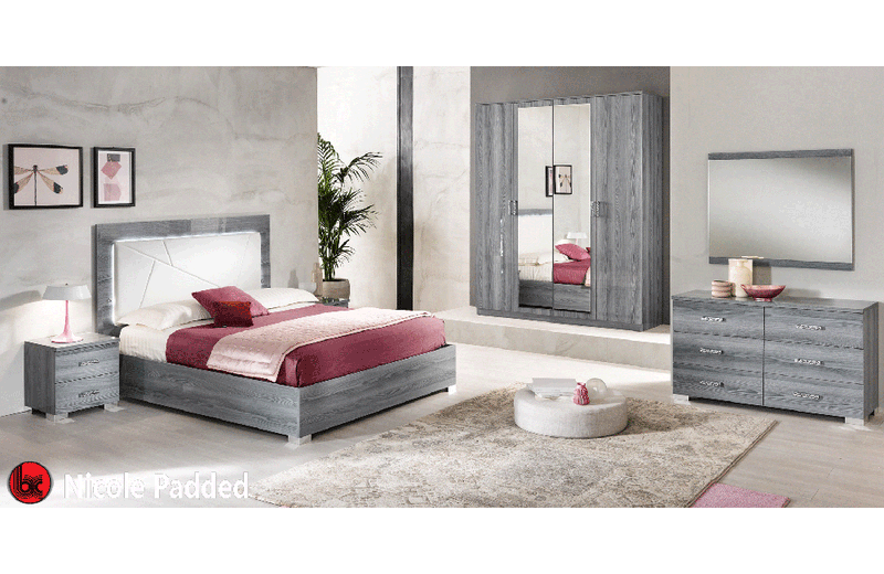 Nicole Bedroom w/ Upholstered HB in Grey w/ Light