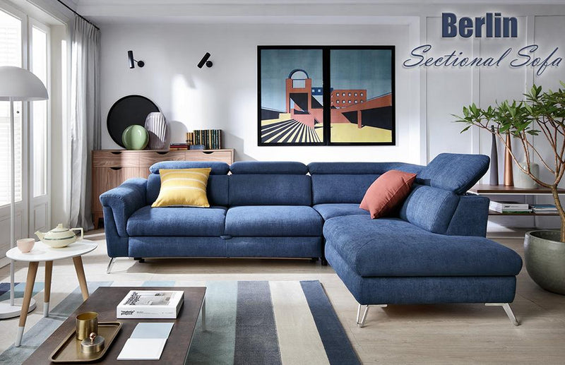 Berlin Blue Fabric Sectional with bed and storage