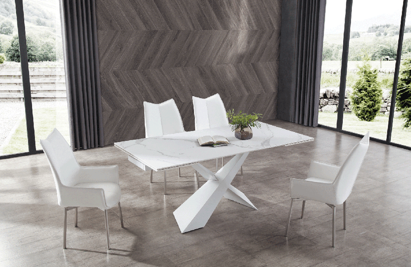 9113 Dining Table with 1218 swivel White Chairs