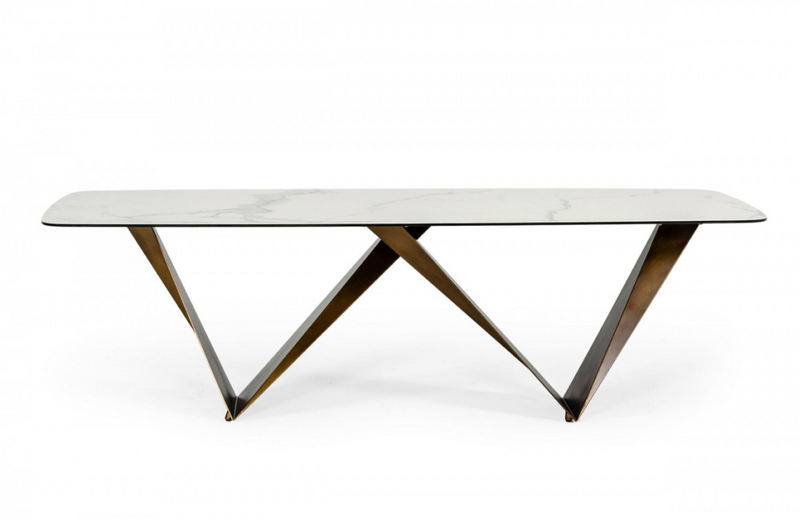 Milena - Modern White Ceramic & Brushed Brown Dining Table