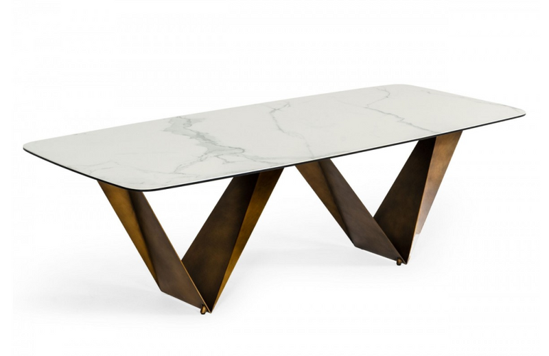 Milena - Modern White Ceramic & Brushed Brown Dining Table