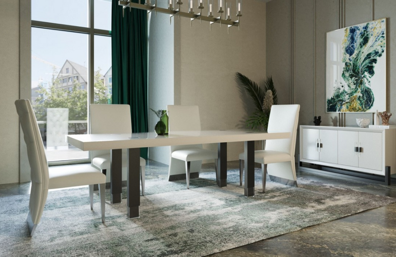 Lancaster - Modern White High Gloss & Stainless Steel Gun Metal Dining Table