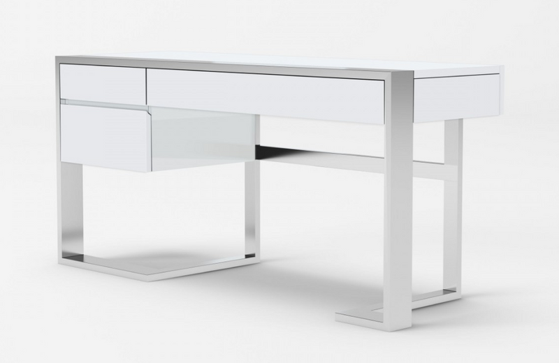 Flint - Modern White High Gloss & Stainless Steel Desk