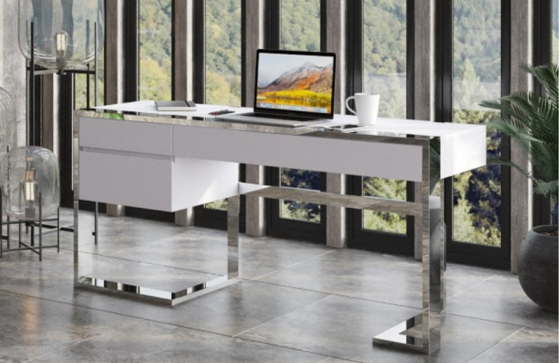 Flint - Modern White High Gloss & Stainless Steel Desk