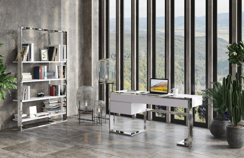 Flint - Modern White High Gloss & Stainless Steel Desk