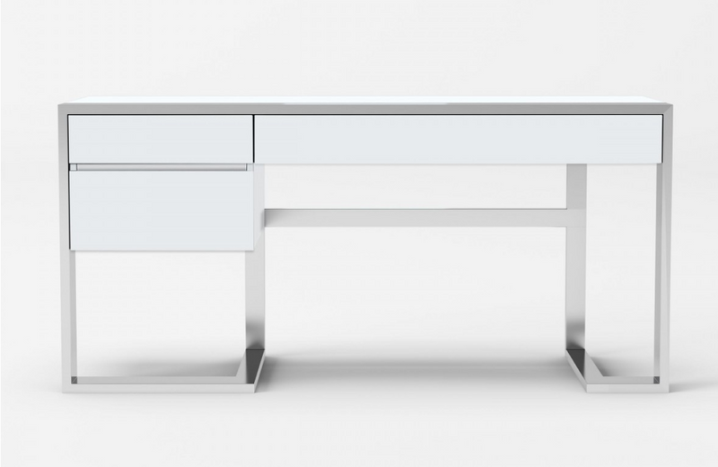 Flint - Modern White High Gloss & Stainless Steel Desk