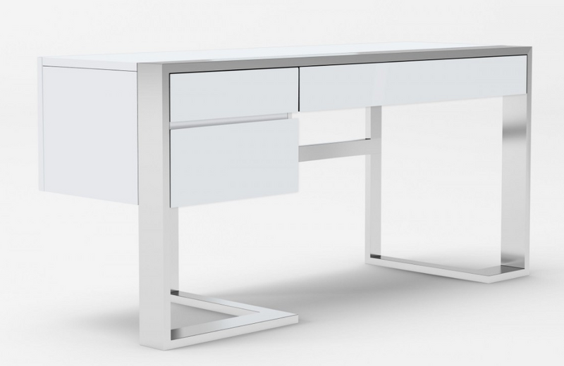 Flint - Modern White High Gloss & Stainless Steel Desk