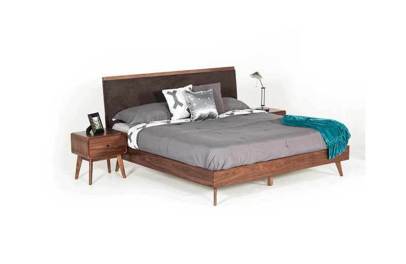 Marshall Mid-Century Modern Brown Fabric & Walnut Bed