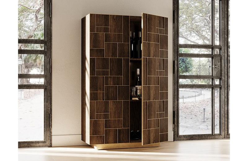 Modrest Auer Brown Oak & Gold Wine Rack Cabinet