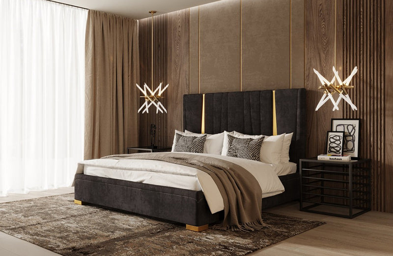 Modrest Evonda Modern Black Velvet & Brass Bed