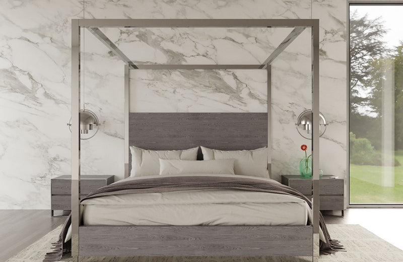 Modrest Arlene Modern Grey Elm & Stainless Steel Canopy Bed