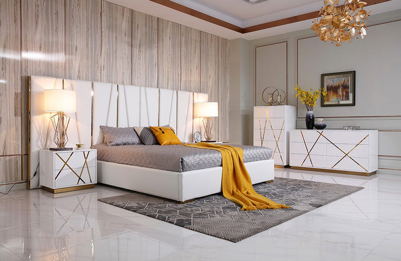 Modrest Nixa Modern White Bonded Leather & Gold Bed