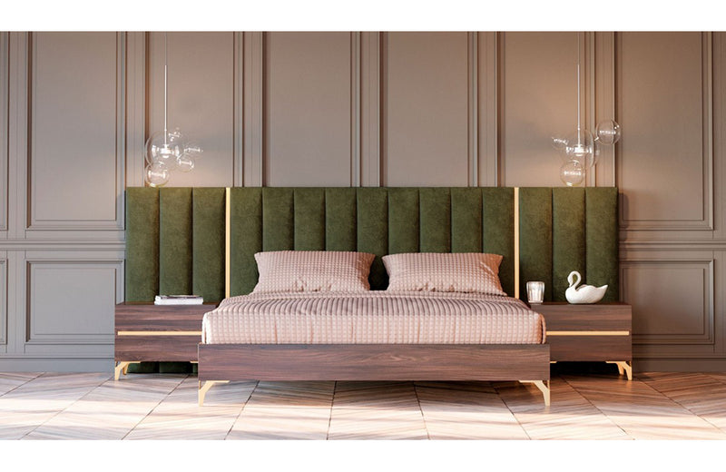 Nova Domus Calabria Modern Walnut & Green Velvet Bed & Nightstands