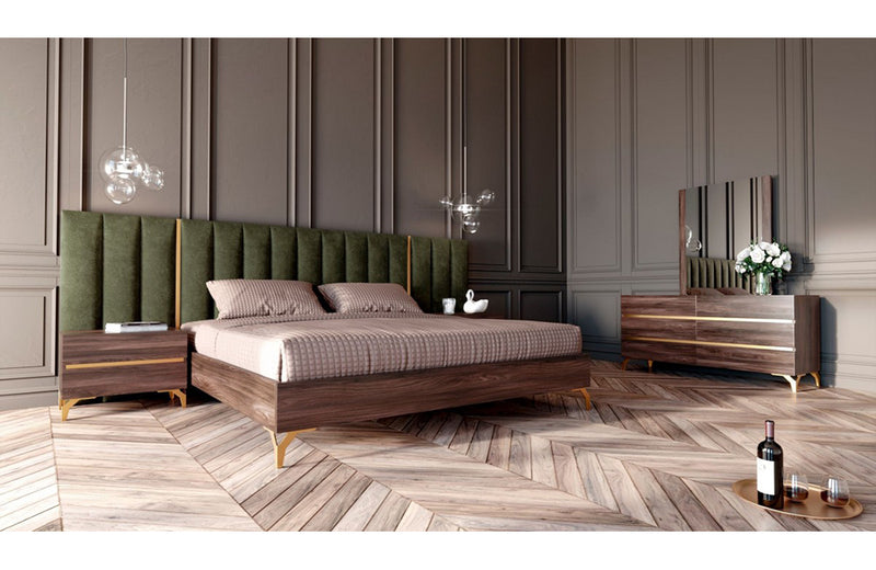 Nova Domus Calabria Modern Walnut & Green Velvet Bed & Nightstands