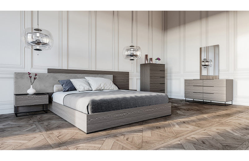 Nova Domus Enzo Italian Modern Grey Oak & Fabric Bed w/ Nightstands